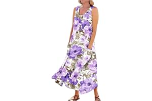 FONMA Summer Dress for Women 2024 Plus Size Sundress Floral Crewneck Sleeveless Dress Cotton Linen Beach Dress with Pockets