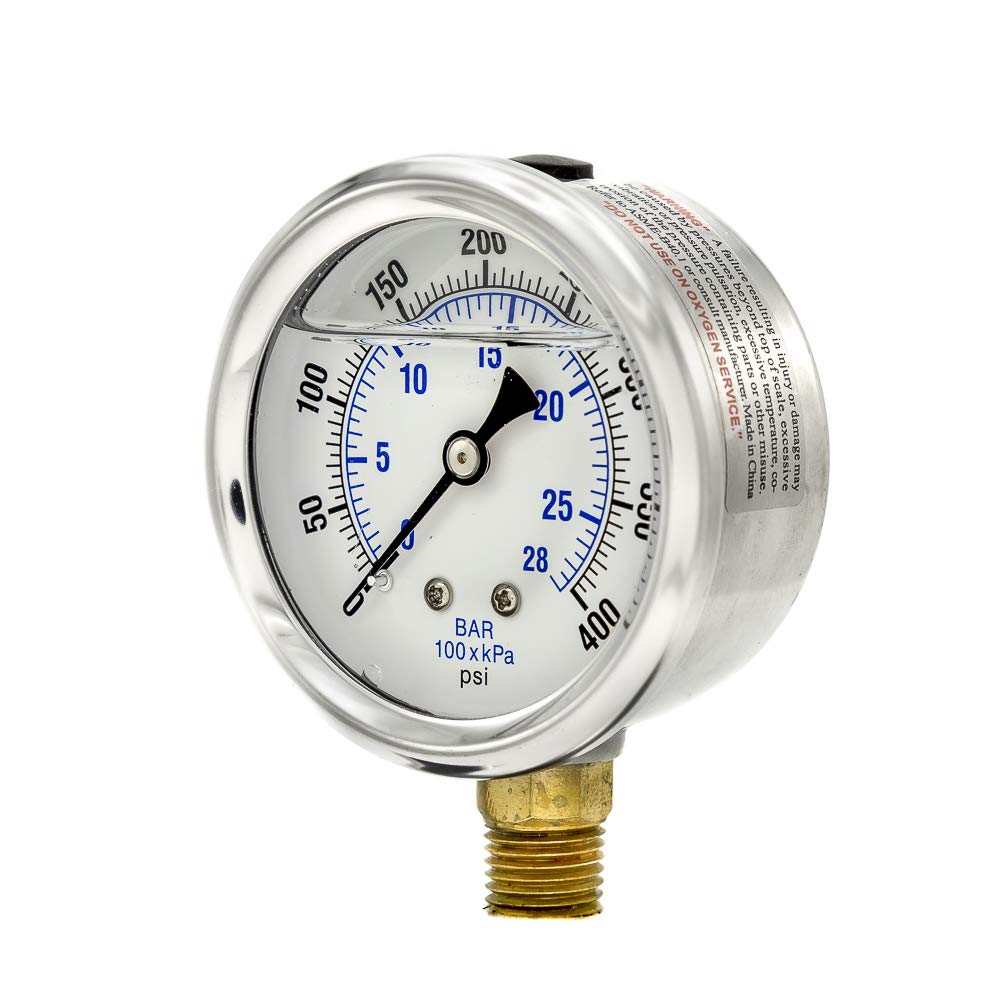 PIC Gauge PRO-201L-254I 0-400 PSI Pressure Gauge, 2 1/2" Dial, 1/4" Male NPT Connection, Bottom Mount, Dual Scale, Glycerin Filled, Stainless Steel Case/Bezel, Brass Internals & Plastic Lens