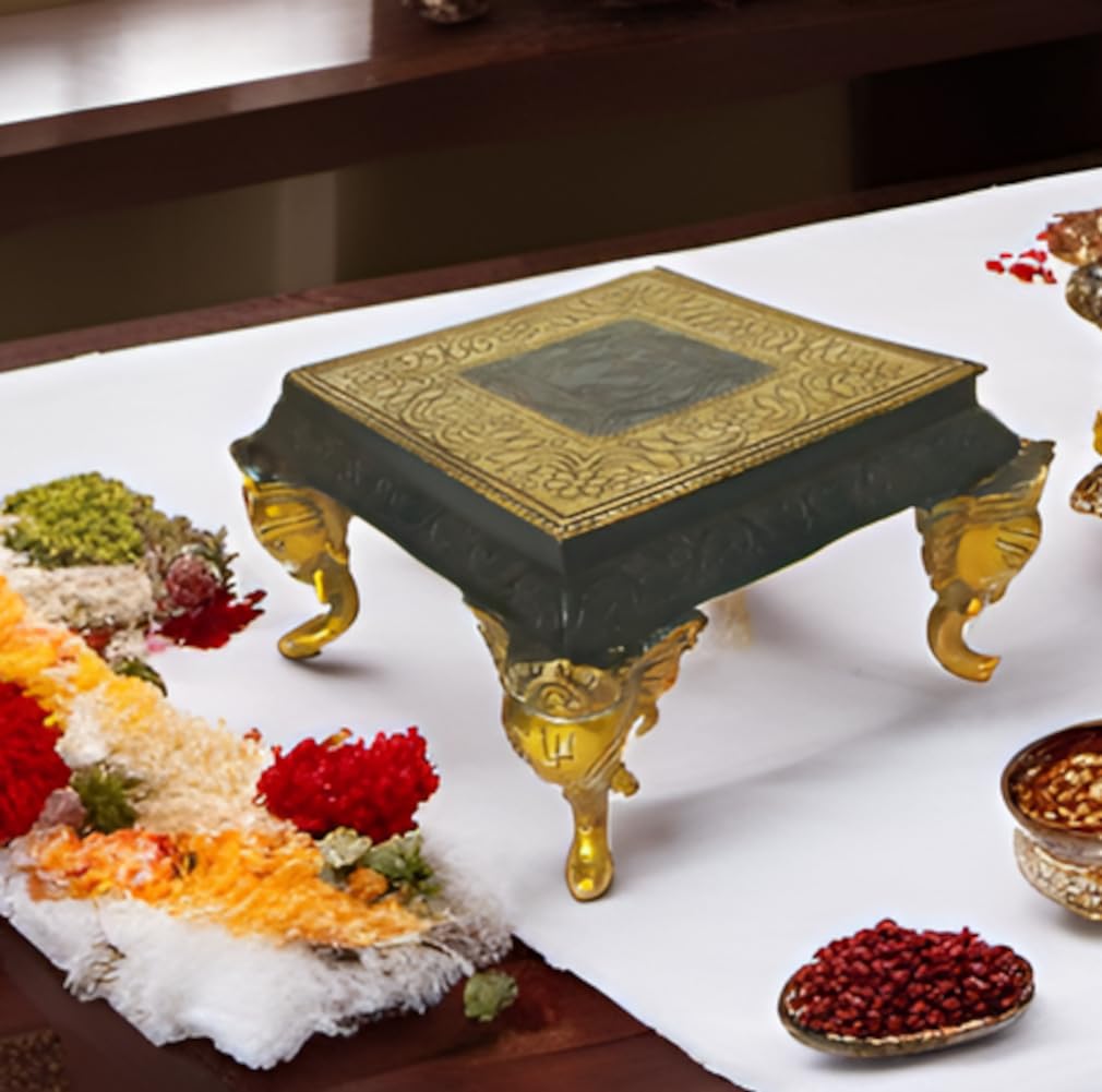 Purpledip Brass Platform Chowki with Elephant Legs: Square Plinth for Statue, Idol, Vase or Artifacts in Antique Gold Black Polish (11950A)