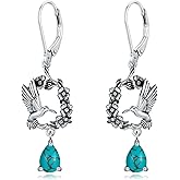 Lvoryance Vintage 7 * 5 mm Teardrop Genuine Turquoise with Hummingbird Dangle Earrings 925 Sterling Silver Retro Style Hummingbird Earrings for Women Gifts