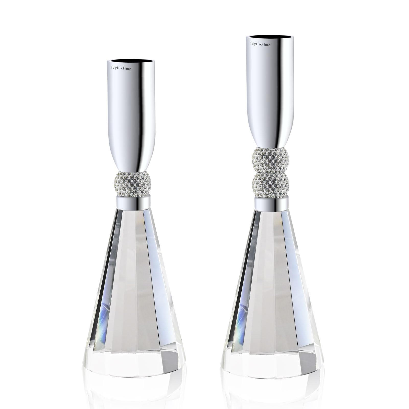 idyllictime Candle Holder Crystal K9 Heavy Base for Table Decorations Christmas Party Wedding Halloween Décor Set of 2 (Silver)