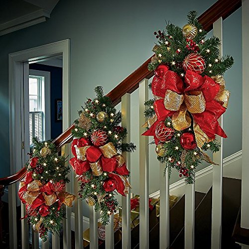 Lighted Staircase Christmas Swag Red and Gold Hardware Building Materials Staircases