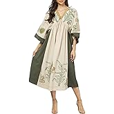 Joiemont Womens Oversized Floral Embroidered Long Dress with V-Neck and 3/4 Sleeves Vintage Embroidery Babydoll Dress