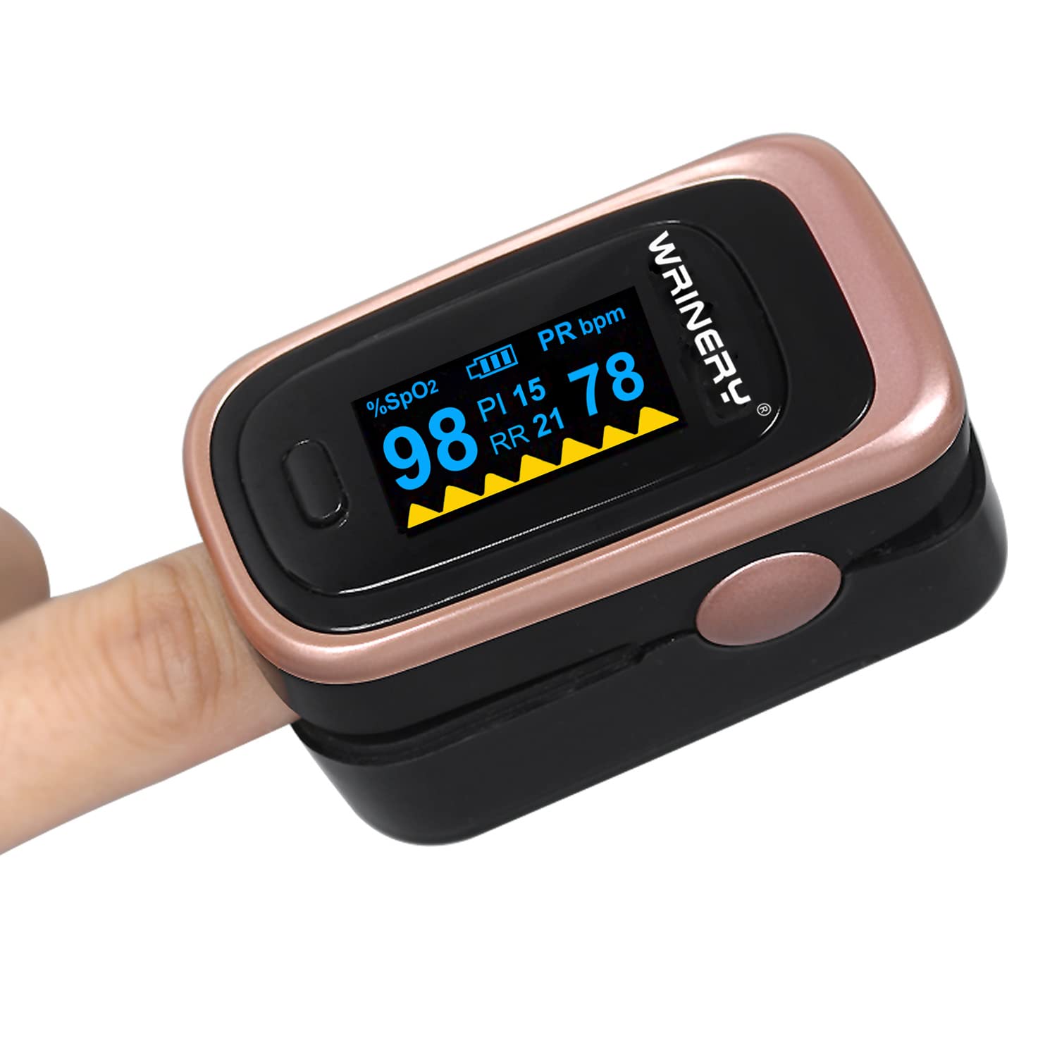 Oxygen Saturation Monitor, Wrinery Premium Pulse Oximeter Fingertip, Oxygen Monitor, O2 Saturation Monitor, OLED Portable Oximetry with Batteries, Lanyard (Rose gold-Royal black)