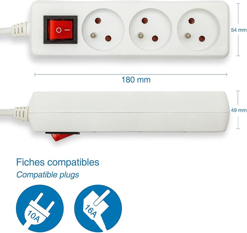 Multipresa francese 3x16A, con interuttore, cavo lungo 1m, H05VV-F3G1.0MM2, CE, NF