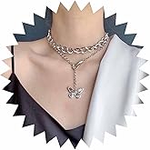 Andelaisi Boho Layered Butterfly Choker Necklace Vintage Butterfly Y Lariat Necklace Chunky Curb Chain Necklace Choker Punk Butterfly Pendant Necklace Jewelry for Women