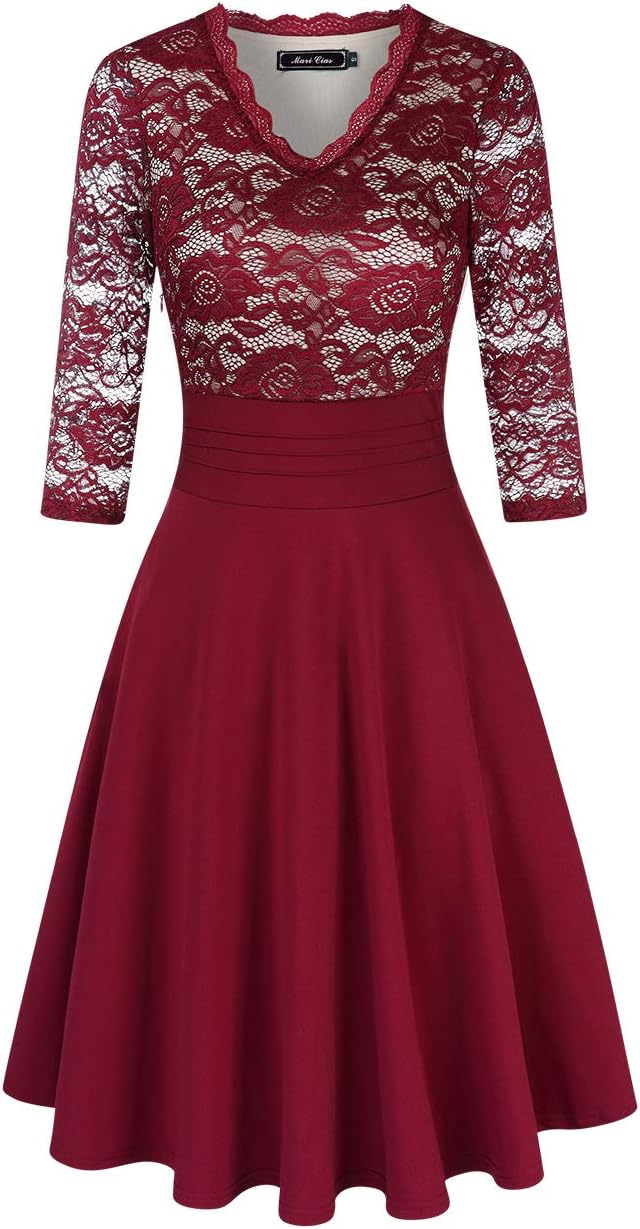 MARI CIAS Women's Patchwork Lace Dress V-Neck 3/4 Sleeve Cocktail Party Dresses