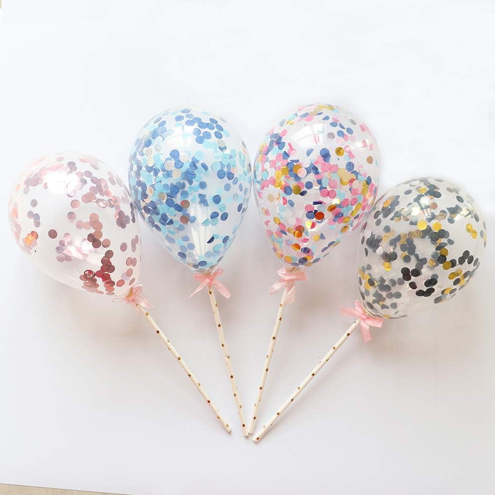 Crmresin 5inch Confetti Latex Balloon Cake Topper Happy Birthday Cupcake Topper for Baby Shower with Paper Straw Ribbon Wedding Party Supplies 4pcs Mix Balloon