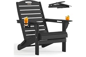 SUUNYN Folding Adirondack Chair HDPE All-Weather Adirondack Chairs with Cup Holder, Outdoor Fire Pit Chairs Lawn Chair for Deck Patio Garden (Black)