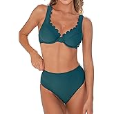 CUPSHE Women's Bikini Set High Waisted Two Piece Swimsuit Push Up Full Coverage Bathing Suit Scalloped Back Hook