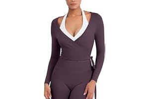 YEOREO Women Pilates Wrap Top Long Sleeve Tie Ballet Workout Yoga Shirt Michelie Y2K V Neck Cropped Tops