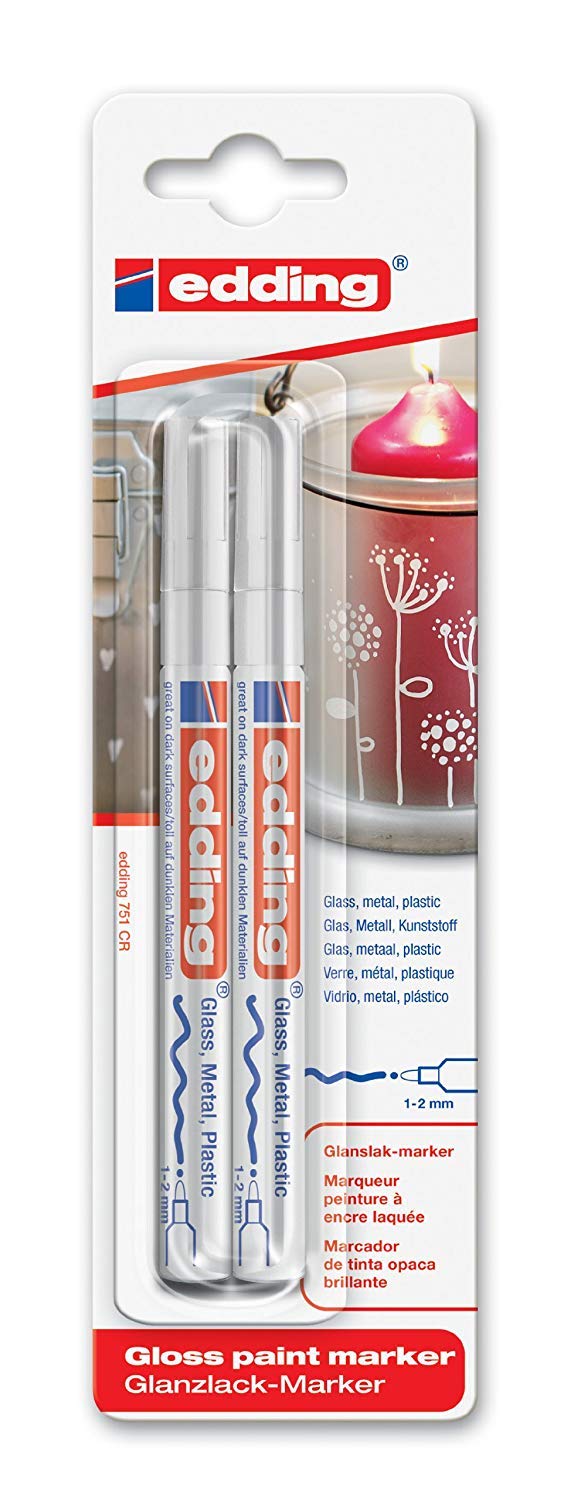 edding 751 gloss paint marker - white - pack of 2 paint markers - round nib 1-2 mm - paint pen for glass, pebbles, wood, plastic, paper - waterproof, high coverage
