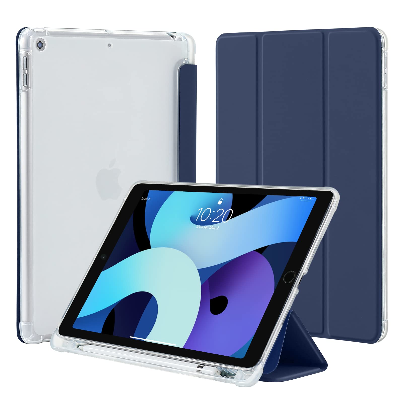 4UBonLife Case for iPad 10.2 inch 9th 8th 7th Generation Case 2021/2020/2019 with Pencil Holder, Slim Stand Smart Case Soft TPU Translucent Frosted Back Cover Shell for Apple iPad 9/8/7, Dark Blue — image 1