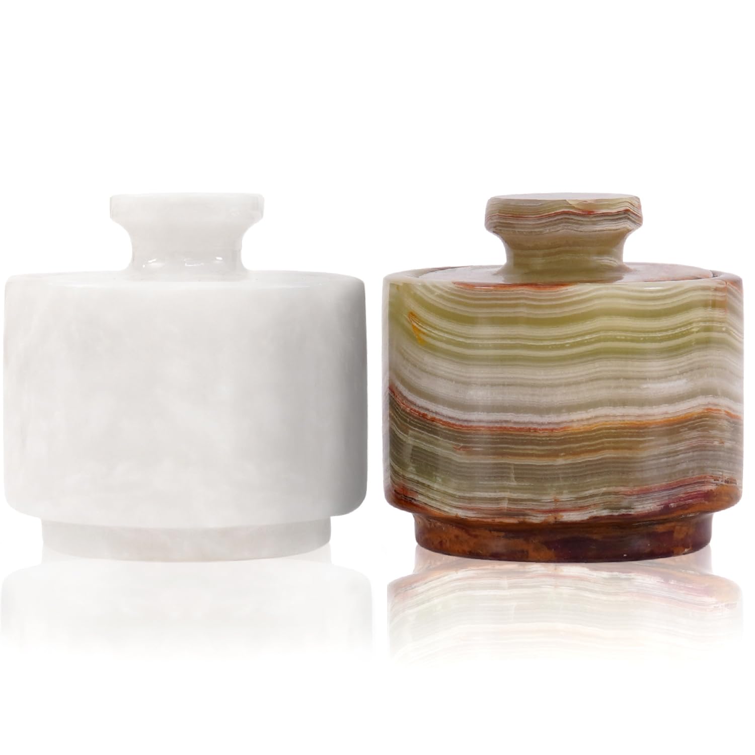 MARBLOUS KRAFTS Marble White and Green Onyx 3.5 oz Salt Cellar, Trinket Box and Pinch Pot 3" X 3" Kitchen décor for Counter Mason Salt Pepper Bowls Salt Container (White and Green Onyx)