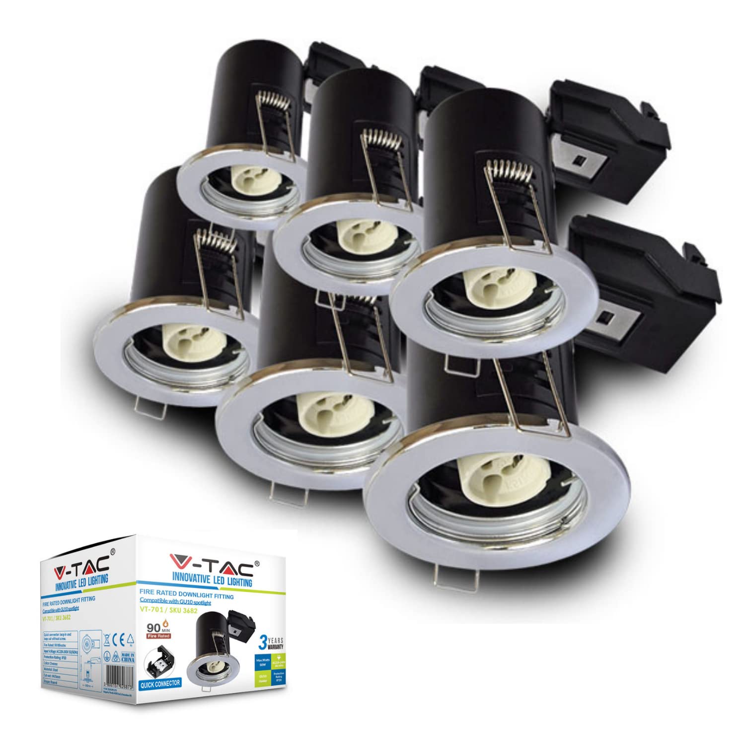 V-TAC Downlights for Ceiling Fire Rated Fitting for LED Downlights | IP20 Fire Rated Downlight Recessed GU10 Fitting ø65mm Cutout Size [Pack of 6] Chrome