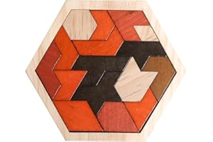 Skrtuan Wooden Puzzle Hexagon Tangram Puzzle for Kids Adults Brain Teasers Puzzles Game Challenge Toy Shape Pattern Block Tangram Family Portable Montessori Educational Gift for All Ages Boys Girls
