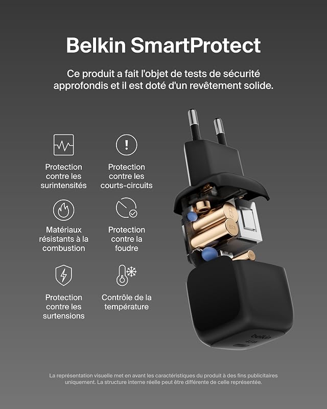 BoostCharge Chargeur Secteur Compact 45 W, USB-C PD, Recharge Rapide, pour Tous Les modèles de l'iPhone 17, iPhone 16, iPhone 15, Samsung Galaxy, Google Pixel, iPad, AirPods, etc. - Noir