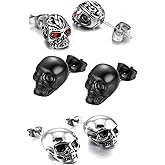 3 Pairs Gothic Skull Earring Studs for Men Women,Hypoallergenic,for Hallloween Party Cosplay
