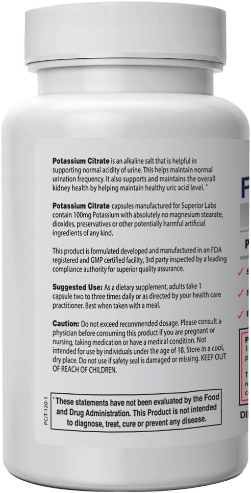 Superior Labs - Potassium Citrate NonGMO Supplement - 100 mg Dosage, 120 Vegetable Capsules - Maintains Overall Health - Supports Kidney Function - Electrolyte Mineral Balance: Health & Personal Care