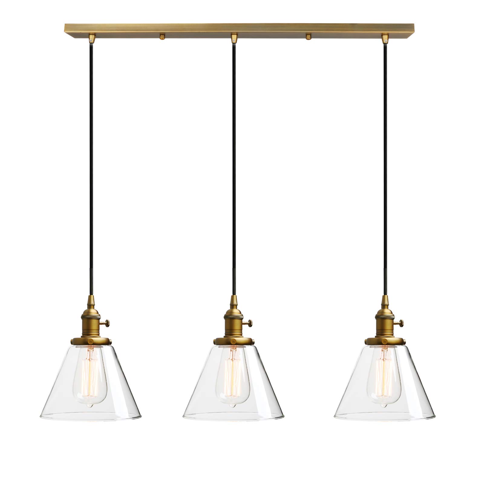Phansthy Industrial 3 Light Pendant Light with Switch, Ceiling Mount Hanging Lamp with Funnel Clear Glass Shade, 3 Way Chandelier for Kitchen Dining Room (Antique)