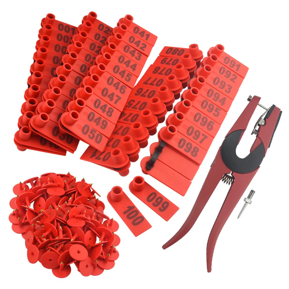 WMYCONGCONG 1-100 Number Plastic Livestock Ear Tag Animal Tag and 1 PCS Ear Tag Applicator for Goat Sheep (Red)