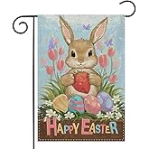 Happy Easter Bunny Garden Flag 12.5 x 18 Inch Easter Eggs with Floral Decorative Double Sided Burlap Flag for Spring Easter Outdoor Decoration