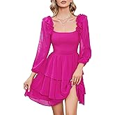 Byinns Women's Smocked Ruffle Mini Dress Square Neck Long Sleeve Party Dress Cute Cottagecore Wedding Guest Dress 2026 Trendy