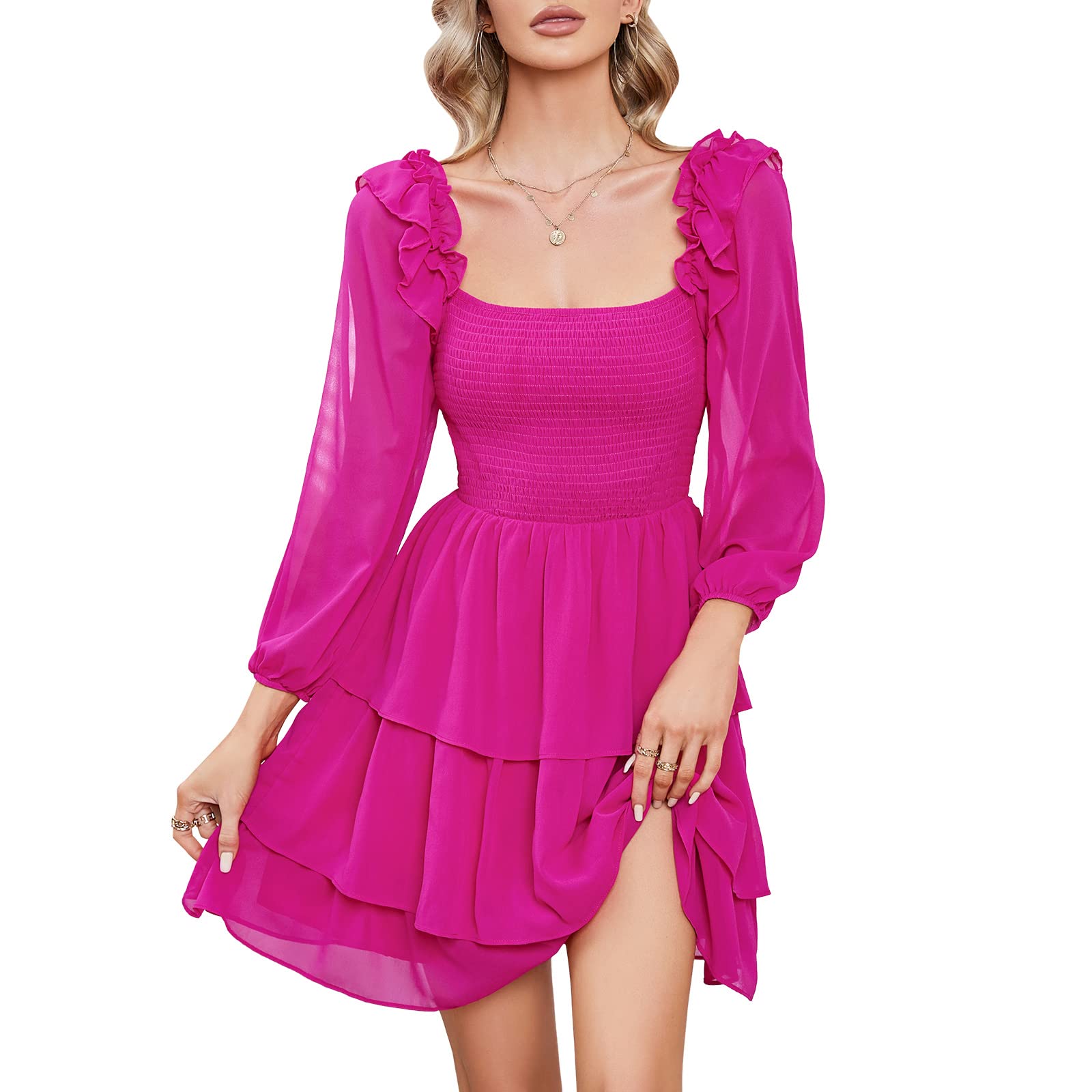 women's smocked ruffle hem long sleeve dress BZGTZT Womens Ruffle Long Sleeve Smocked Square Neck Maxi Dress Casual Ruffle Hem Flowy Midi Dress, Women's, Size: Small, Black