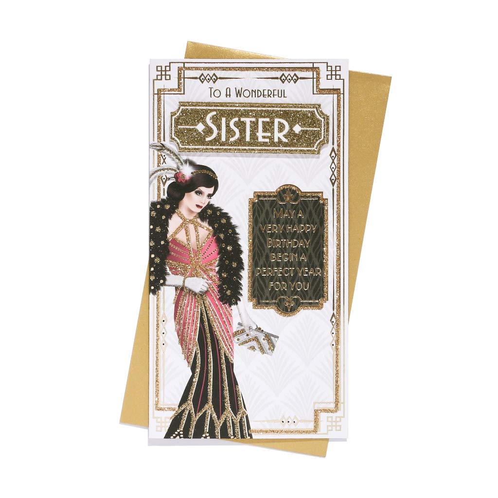 Art Deco Lady - Wonderful Sister - Glittered Slim Birthday Card