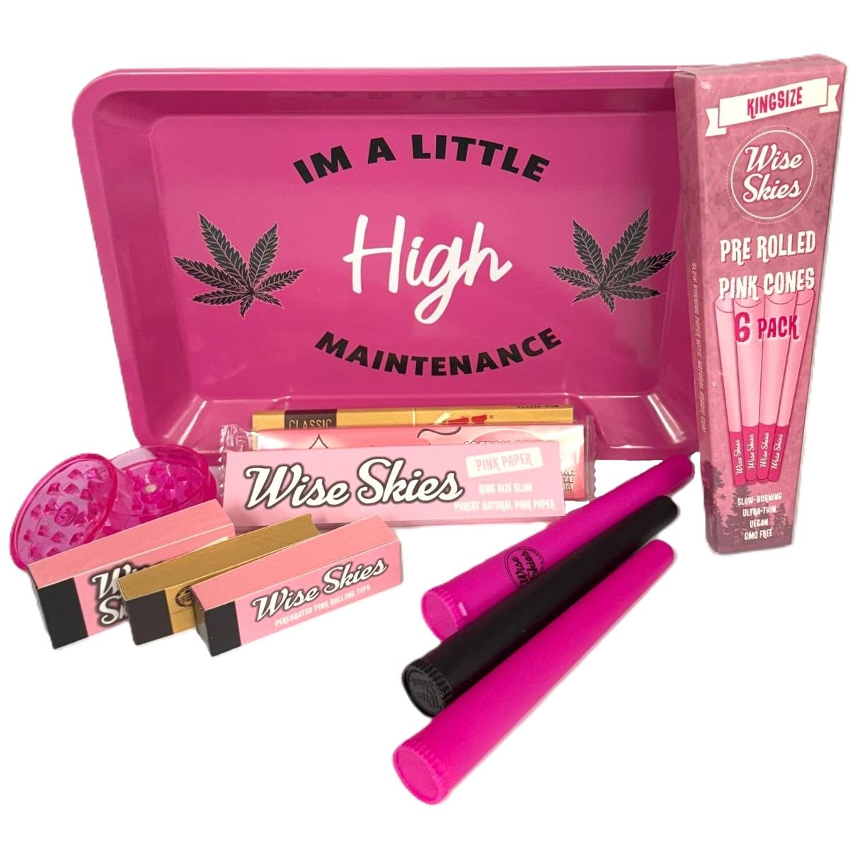 Wise Skies Pink High Maintenance Small Rolling Task Tray Set Pink Pre Rolled Cones Doob Tube