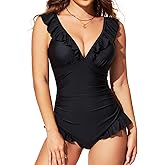 Smismivo Tummy Control Women's One Piece Swimsuits Ruffle Flounce Modest V Neck Bathing Suit Ruched Sexy Slimming Swimwear