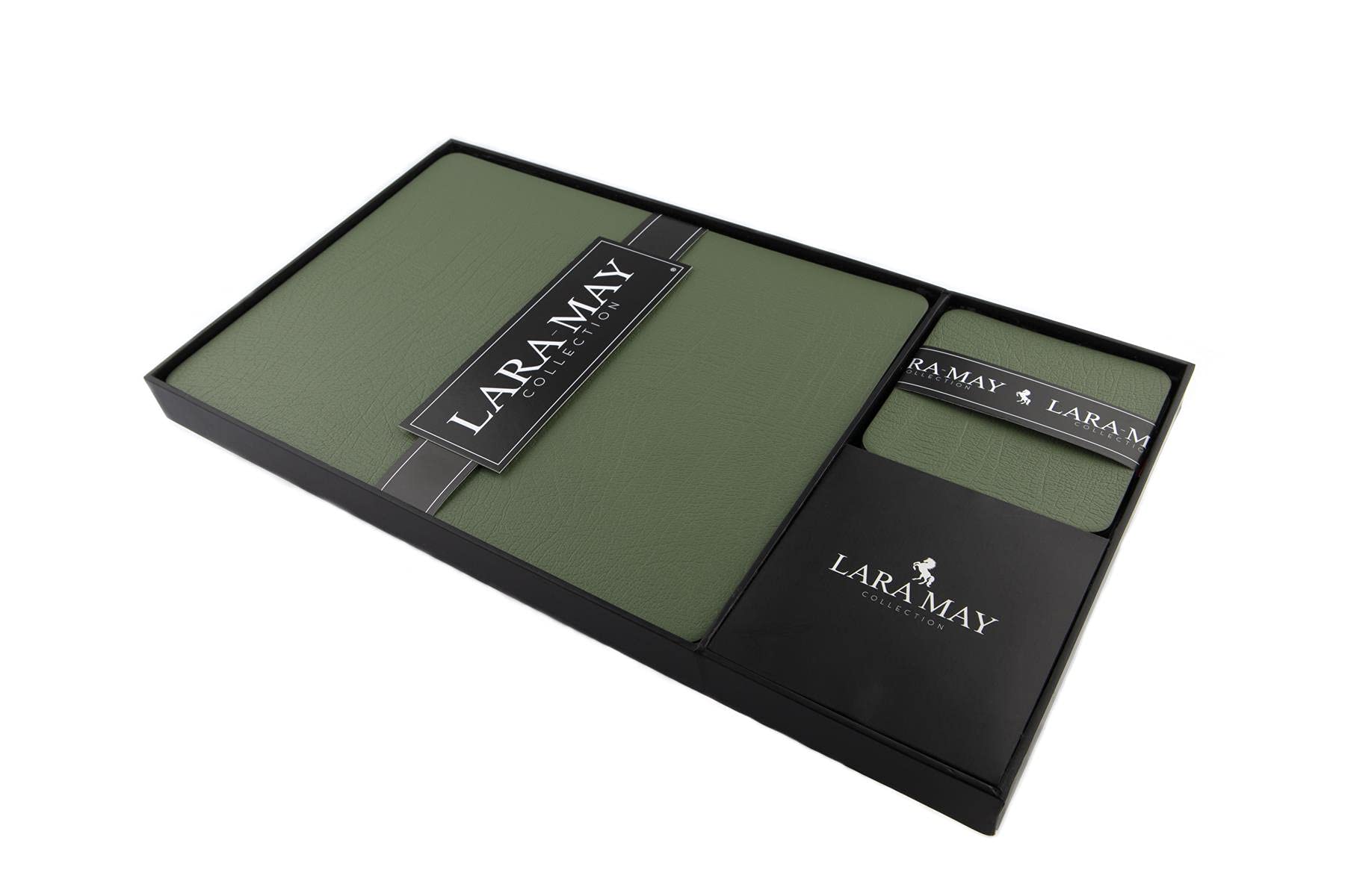 Lara May Collection Recycled Leather Placemats Set of 8 with Coaster Anti Slip Place Mats for Dining Table, Stain Heat Resistant Wipeable, Olive Green