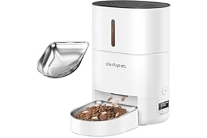 DUDUPET Timed Automatic Cat Feeder - 17cup/135oz Timed Automatic Cat Food Dispenser Battery-Operated with 180-Day Battery Life, Up to 6 Meals 120 Portions Per Day (White, Regular with Stainless Steel)