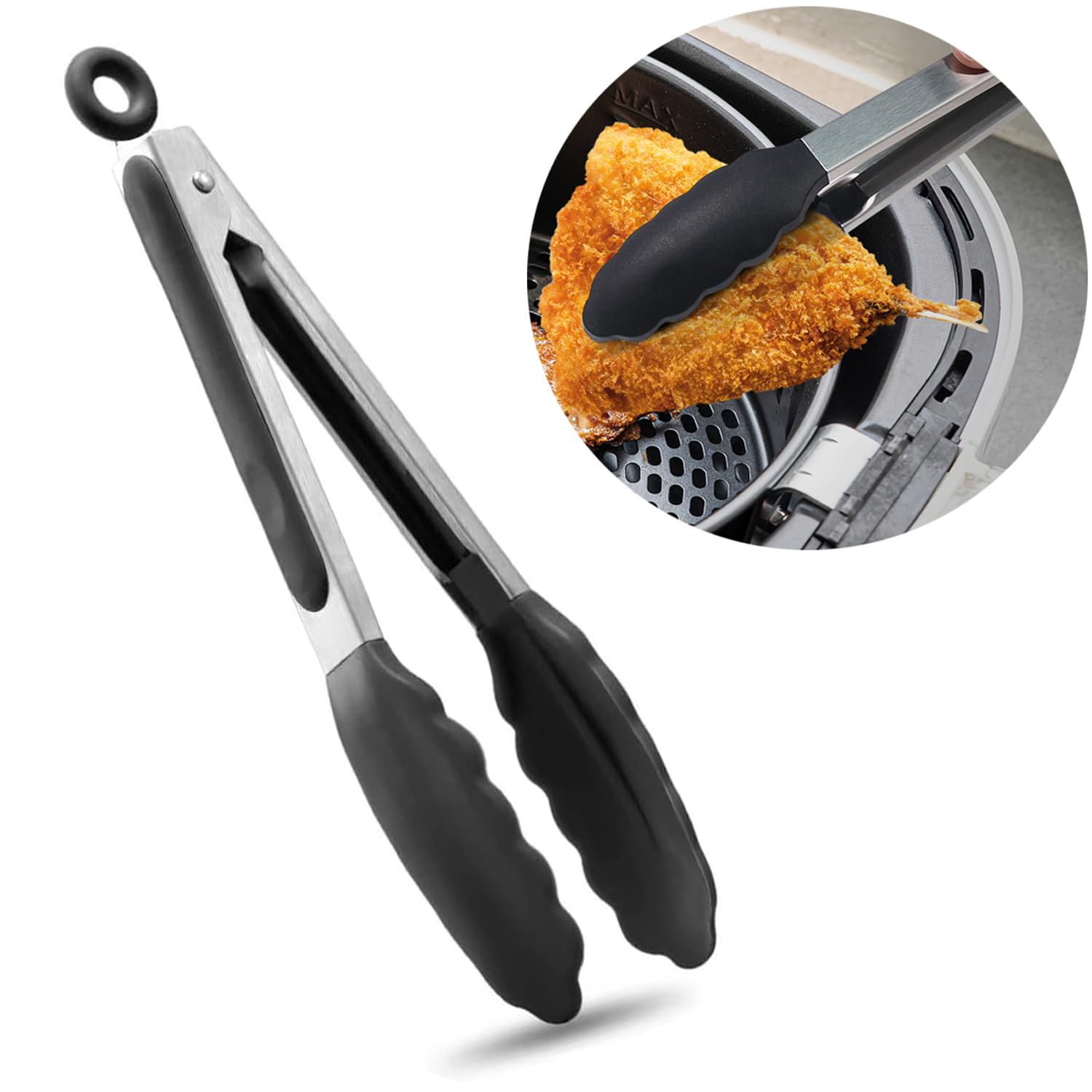 Kitchen Tongs, 7 Inches Non-Slip Stainless Steel Handle with Locking Clip Silicone Tip for Cooking, BBQ, Serving, Heat Resistant