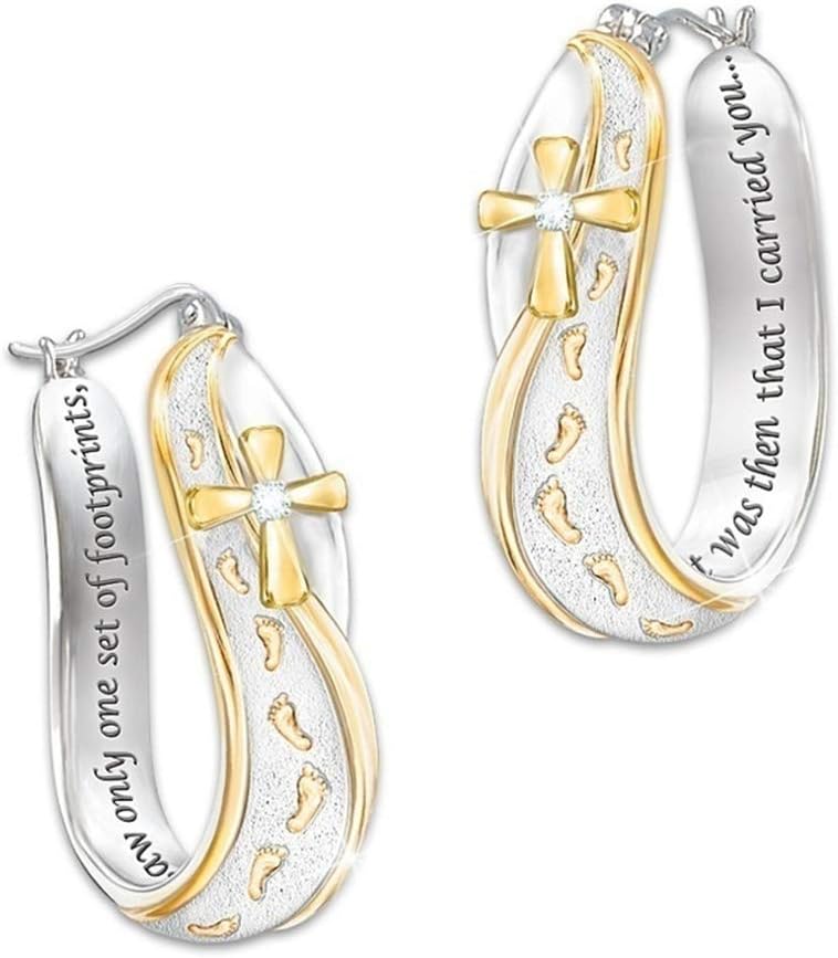 DONGMING Small Footprints Cross Cubic Zirconia Huggie Hoop Earrings for Women Two-Tone Dangle Stud Earrings