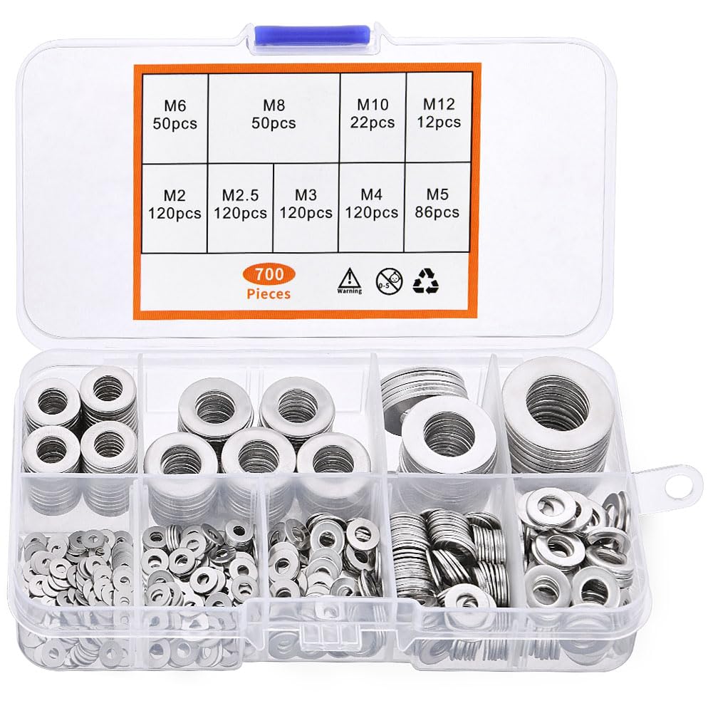 Flintronic 700PCS Stainless Steel Flat Washers: 9 Sizes, M2-M12, Round Washers with Storage Box for Home & Construction