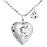 YOUFENG Unicorns Gifts for Her Love Heart Initial Letter Locket Necklace that Holds Pictures Enamel Locket Pendant Gifts for Women
