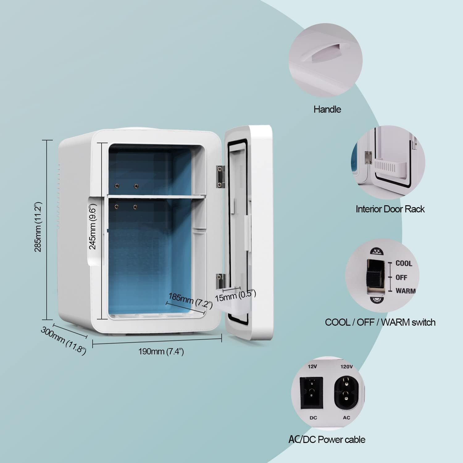 Living Enrichment Mini Fridge 6L Capacity, Skincare Fridge with Mirror, Portable Small Refrigerator Cooler or Warmer, AC DC Powered, for Drink Cosmetics, Skin Care, Bedroom Office Car, White
