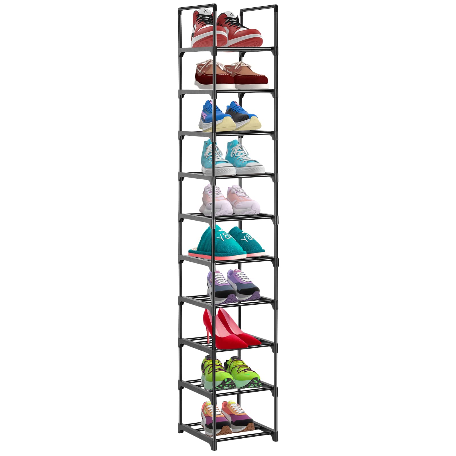 Dyserbuy 10 Tier Shoes Rack, Tall Shoes Storage Organizer, Narrow Shoe Stand Shelf, Home Space Saving Shoe Tower for Entryway, Grocery Room, Living Room, Bedroom, Closet, Black
