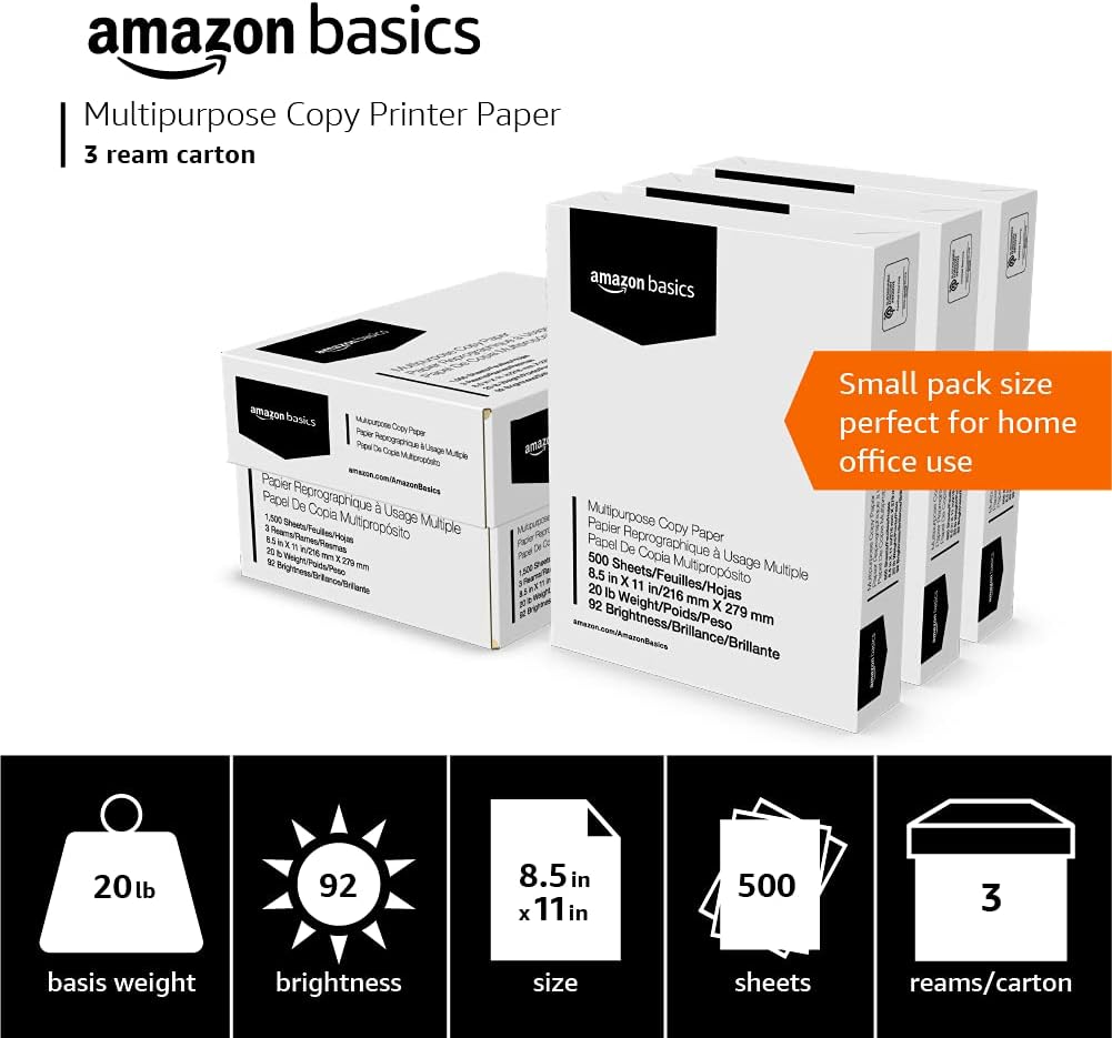  Basics Multipurpose Copy Printer Paper - White, 8.5 x 11 Inches, 3 Ream Case (1,500 Sheets): Office Products