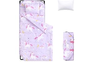 Wake In Cloud - Cot Nap Mat with Pillow and Blanket, for Toddler Kids Girls Ages 3 Plus in Daycare Kindergarten Preschool with Elastic Corner Straps, Colorful Unicorns Rainbow