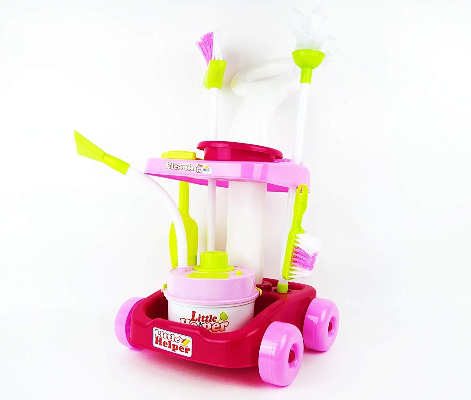 MeeYum Pretend Play Kids Little Helper Cleaning Trolley Cart with Vacuum, Broom, and Supplies; Includes Scrub Brush, Shovel and Accessories