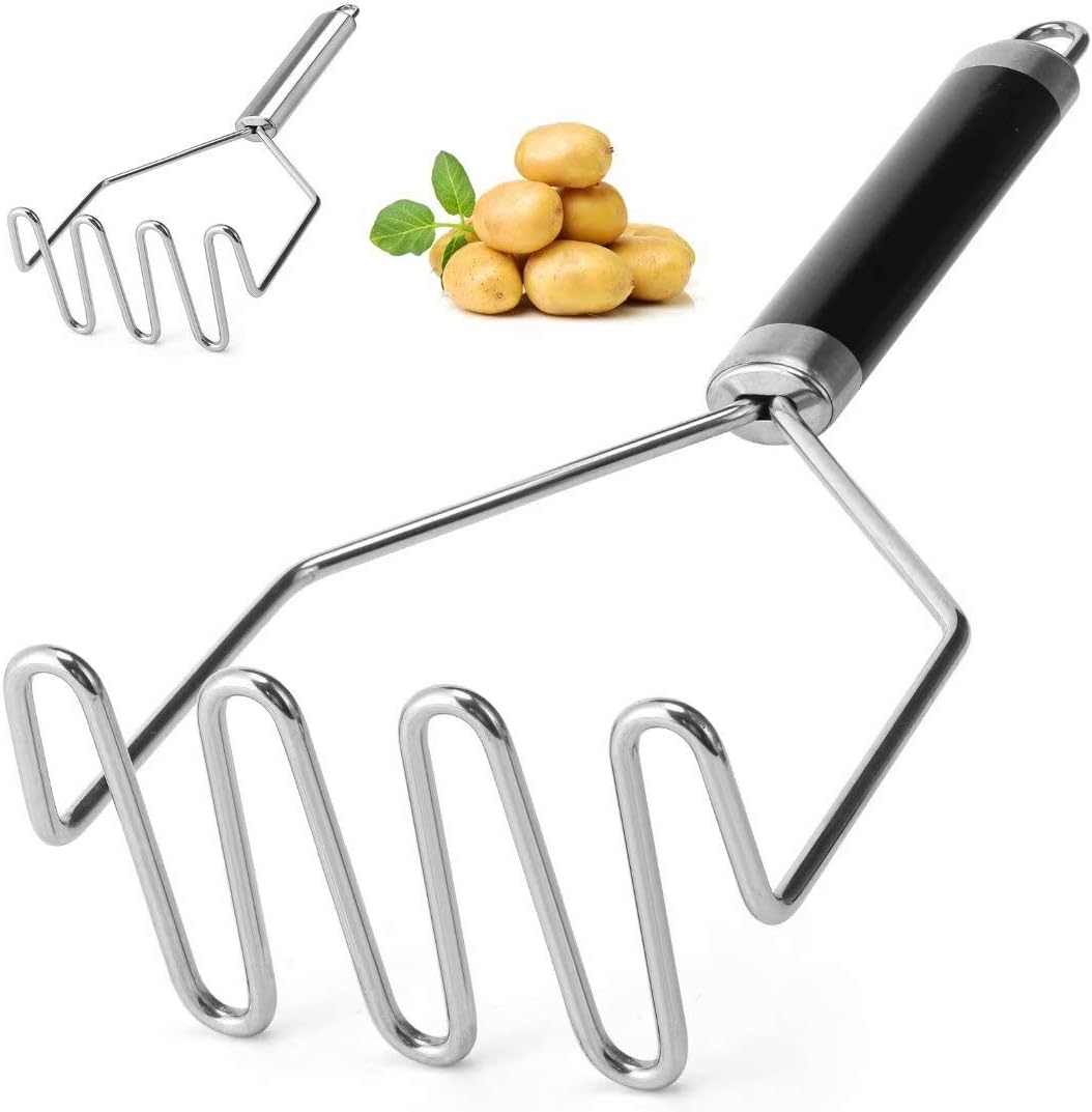 SCHVUBENR 10 Inch Potato Masher - Premium Potato Masher Stainless Steel - Heavy Duty Mashed Potatoes Masher - Metal Masher Kitchen Tool - Mash Potatoes with Ease - Easy to Use and Clean(Black)