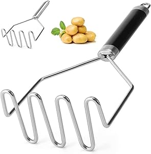 SCHVUBENR 10 Inch Potato Masher - Premium Potato Masher Stainless Steel - Heavy Duty Mashed Potatoes Masher - Metal Masher Kitchen Tool - Mash Potatoes with Ease - Easy to Use and Clean(Black)