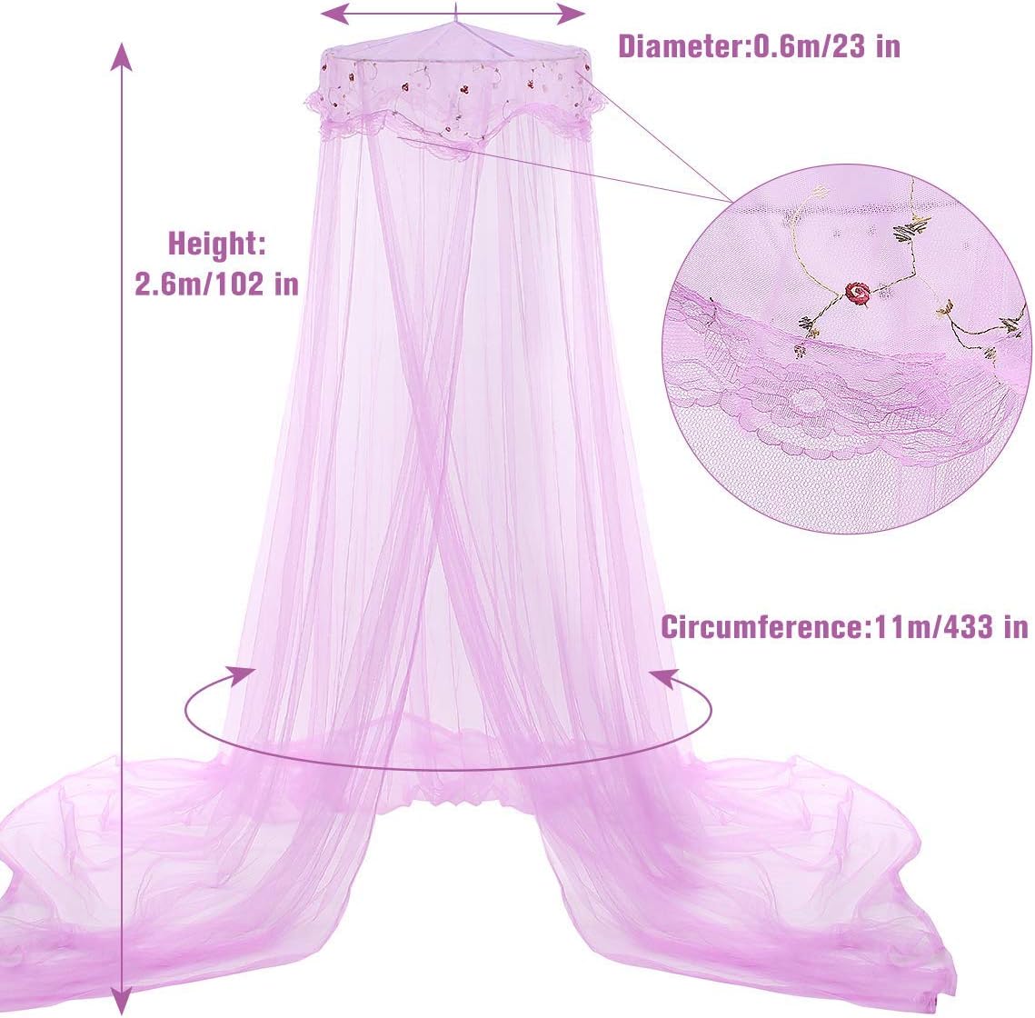 Jeteven Girl Bed Canopy Lace Mosquito Net for Girls Bed, Princess Play Tent Reading Nook Round Lace Dome Curtains Baby Kids Games House (Purple): Home & Kitchen