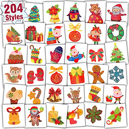 Partywind 204 Styles Glitter Kids Tattoos for Christmas, Individually Wrapped Sheets Christmas Tattoo Stickers for Stocking Stuffers, Christmas Party Decorations Favors Toys for Boys and Girls