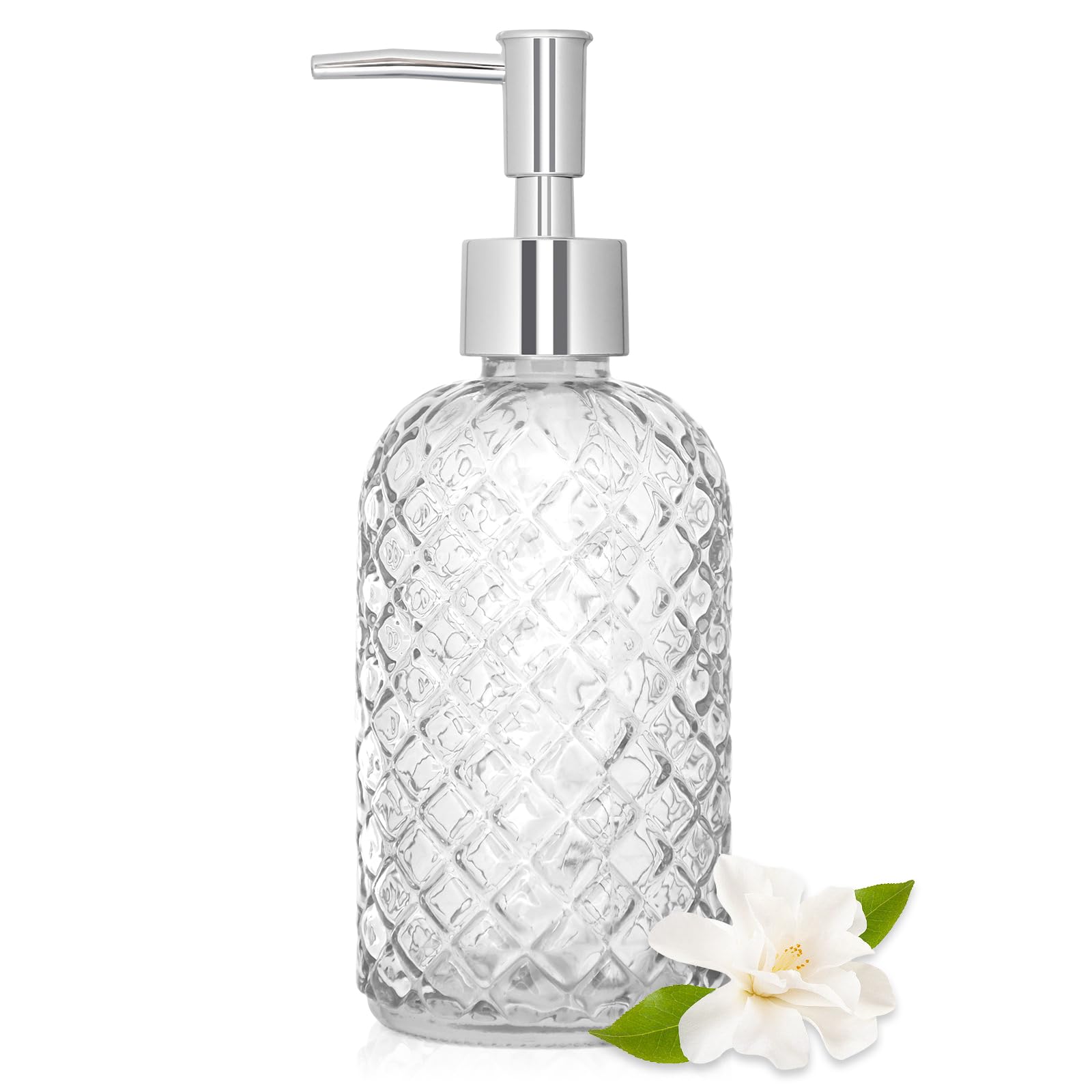 Photo 1 of 16oz Glass Soap Dispenser with Rustproof Plastic Pump – Diamond Cut Design, Refillable Liquid Hand Soap Dispenser for Bathroom, Countertop, Kitchen Sink, and Home Decor (Clear)