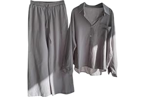 Airport Outfits for Women 2025 Summer 2 Piece Cotton Linen Sets Long Sleeve Buttons Shirts Wide Leg Pants Suits