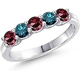 Gem Stone King 925 Sterling Silver Red Rhodolite Garnet and Blue Diamond Wedding-Bands Ring For Women | 0.96 Cttw | Round 3.5MM | Gemstone January Birthstone