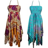 Mogul Interior Lot Of 2 Kylie Womens Halter Sundress Handkerchief Hem Recycled Sari Boho Summer Dresses S/M